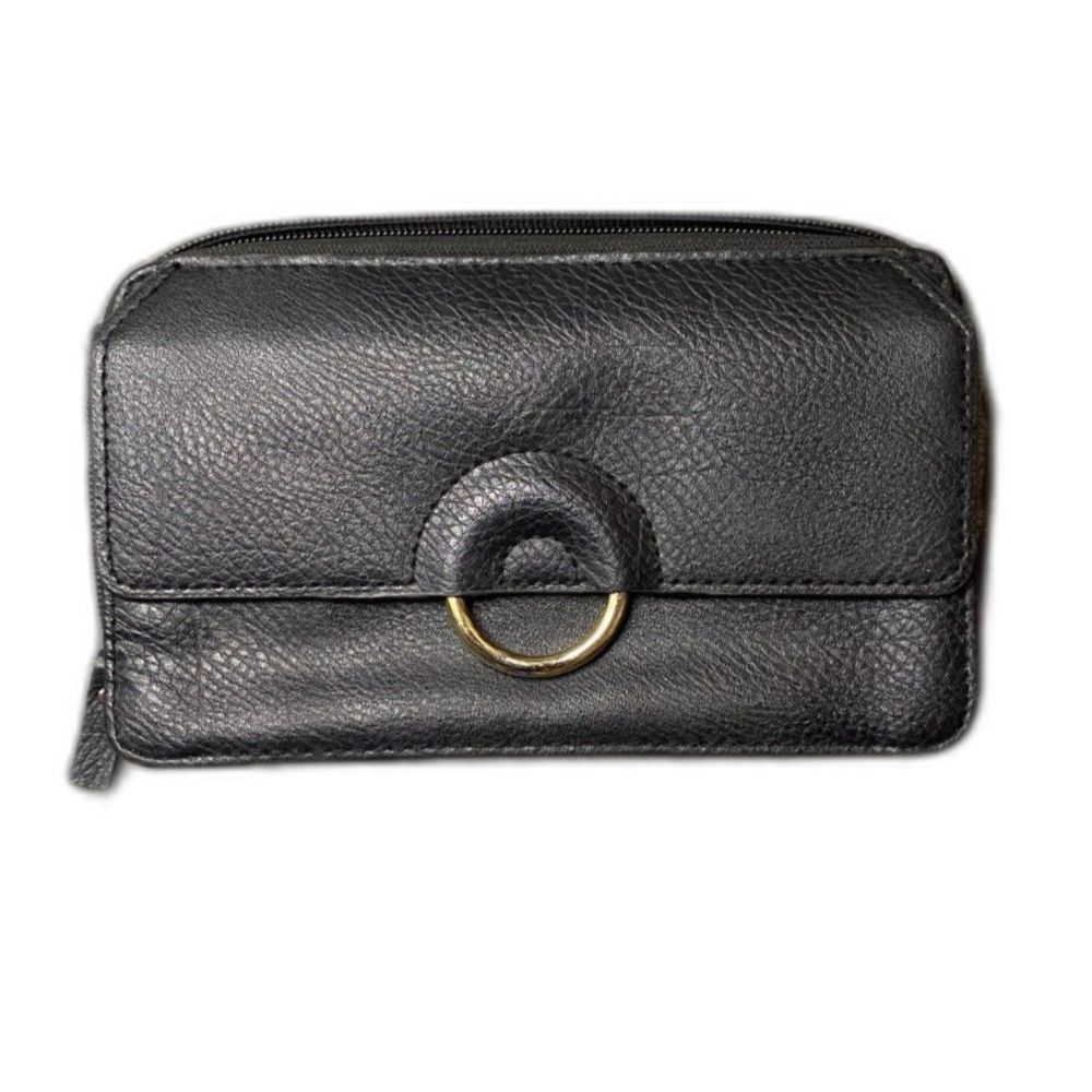 Bueno Black Leather Organizer Wallet with Zip Closure & Silver Buckle